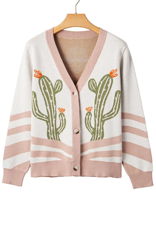 Apricot Cactus Pattern Button Front Knit Cardigan Shewin