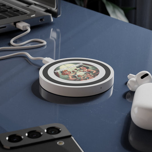 Wireless charging pad with phone, laptop, and earbuds on a dark surface