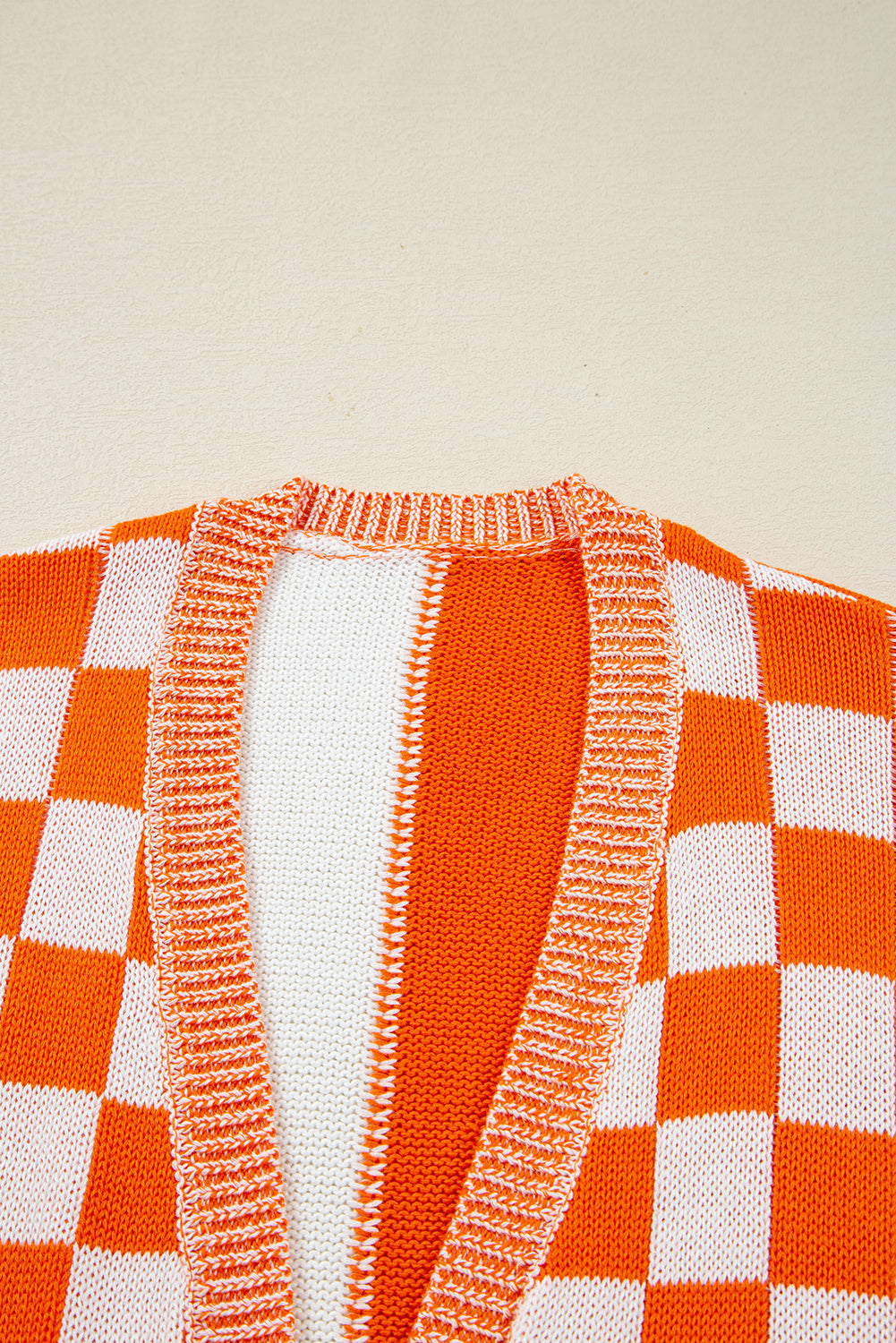 Orange Checkered Open Front Drop Shoulder Cardigan Shewin
