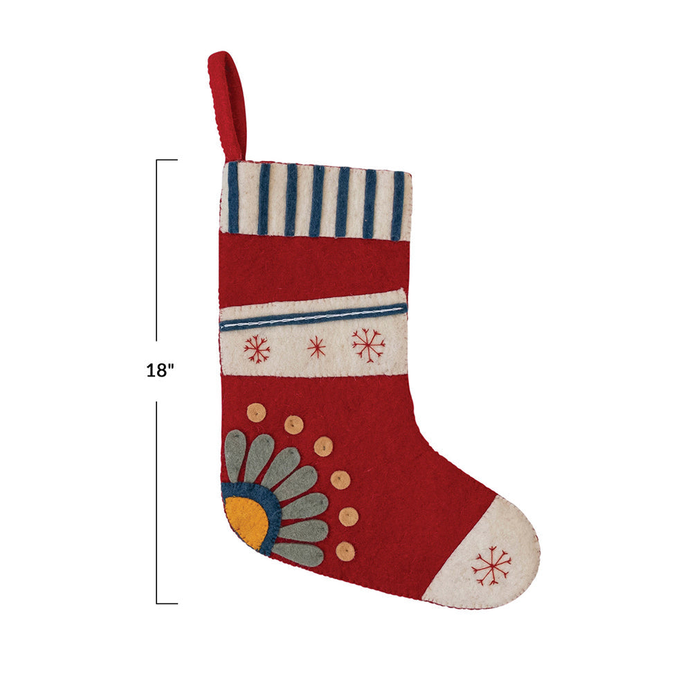 18" Handmade Wool Felt Stocking w/ Embroidered Snowflakes & Flower