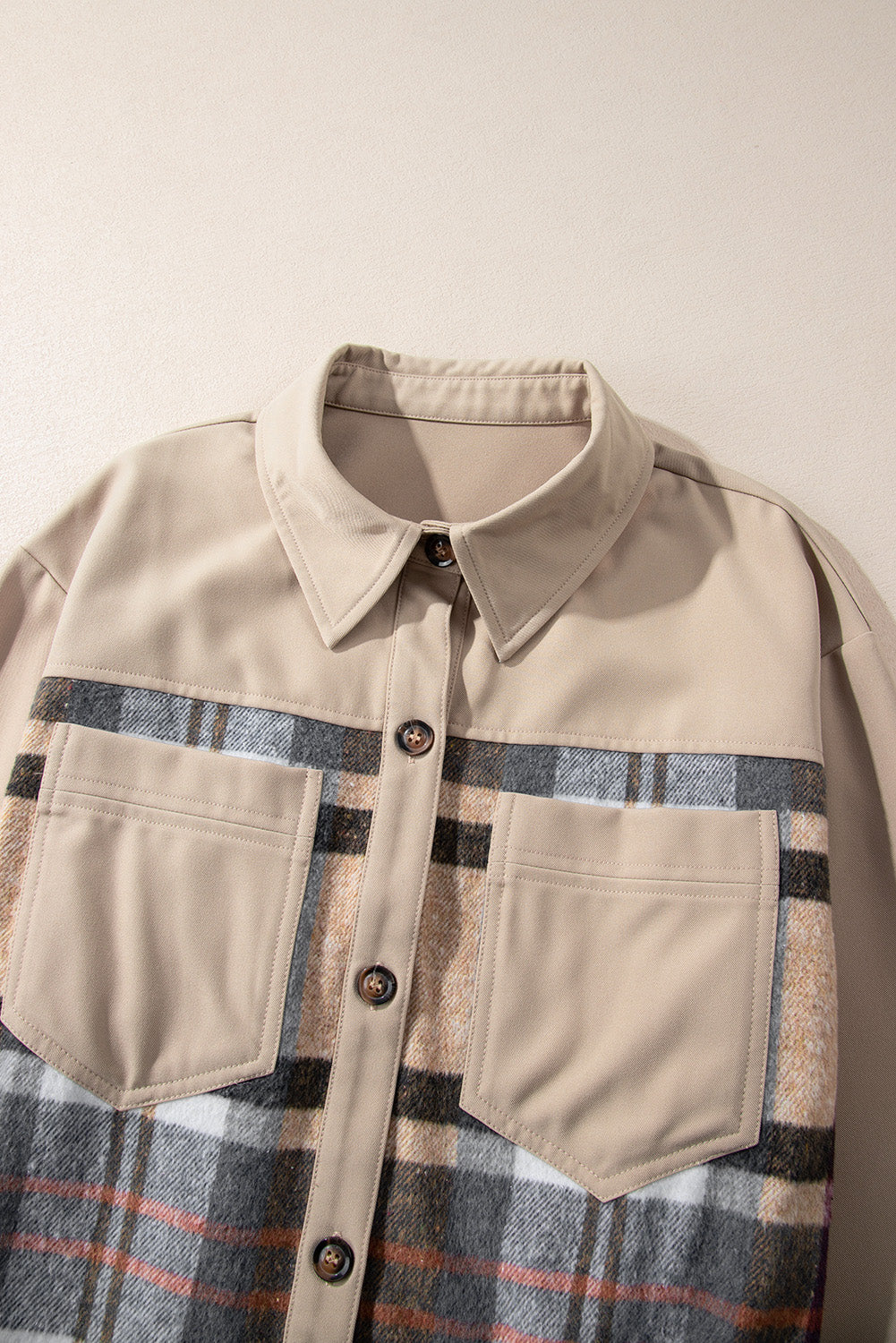 Khaki Plaid Patchwork Long Sleeve Jacket Shewin