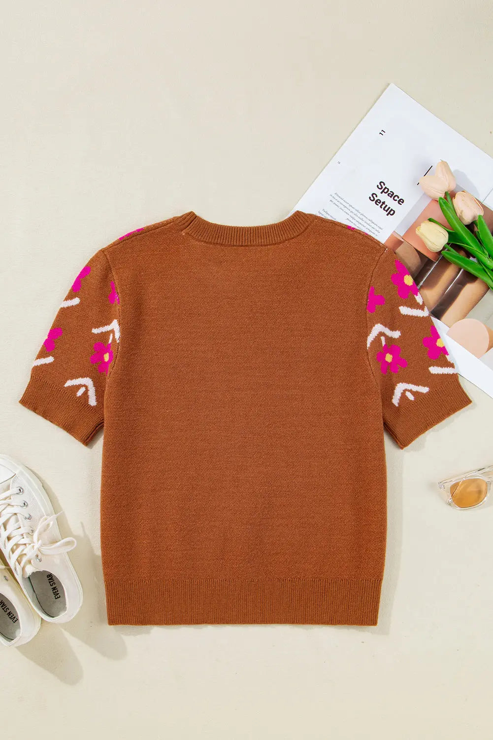 Brown Floral Pattern Short Puff Sleeve Sweater Shewin