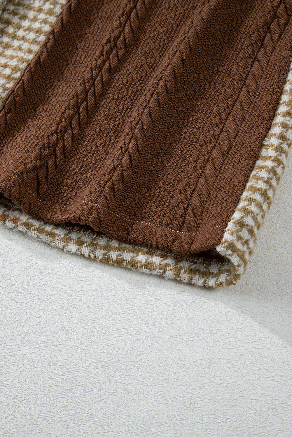 Khaki Houndstooth Textured Patchwork Loose Shacket Shewin