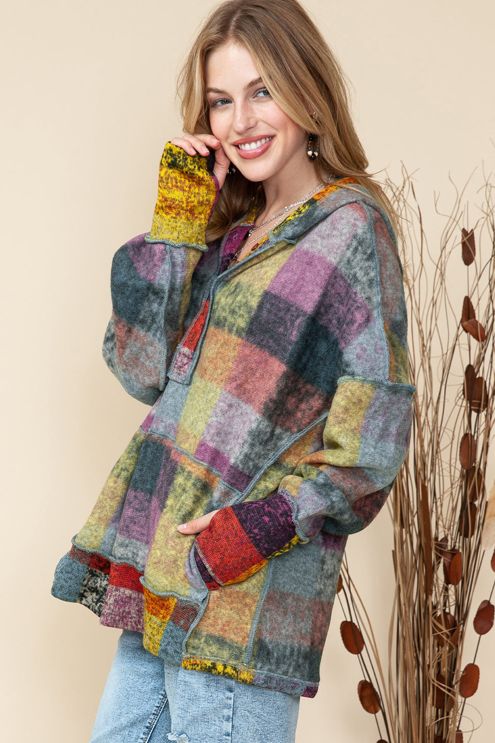 Multicolor Brushed Check Kangaroo Pocket Thumbholes Henley Hoodie Shewin