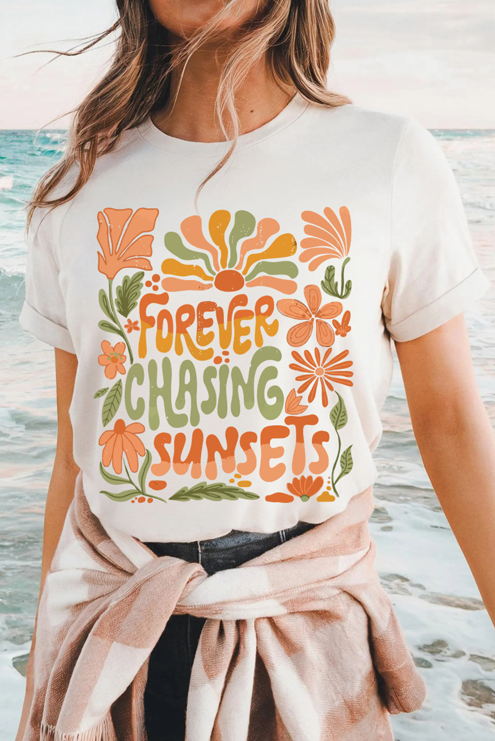 White FOREVER CHASING SUNSETS Floral Print T Shirt Shewin