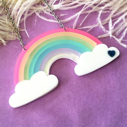 Pastel Frosted Rainbow Acrylic Statement Necklace With Clouds Quirks!