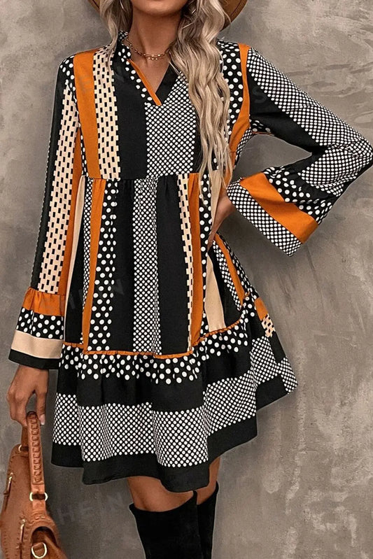 Black Striped Polka Dot Print Ruffle Hem V Neck Loose Mini Dress Shewin