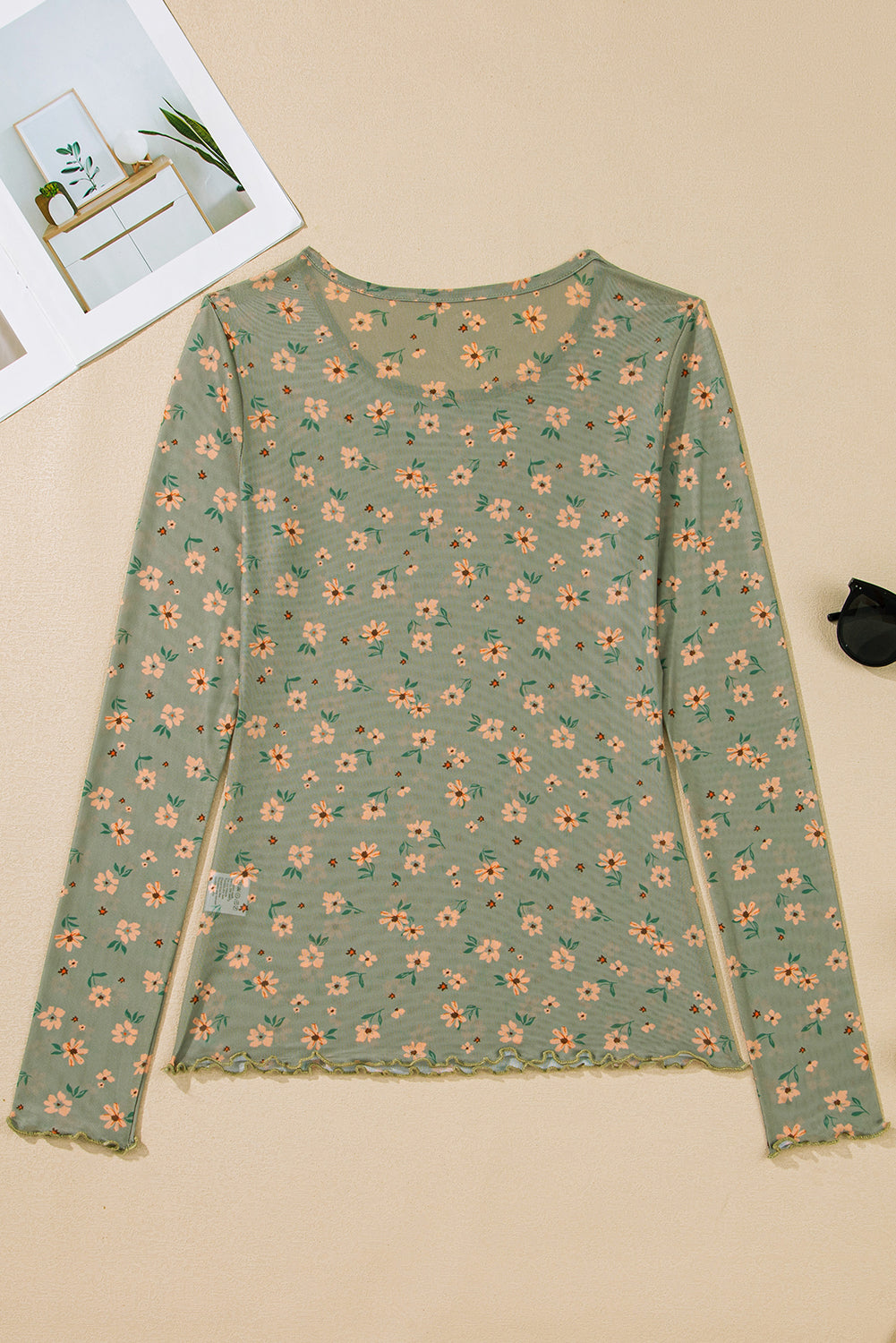 Laurel Green Vintage Floral Print Mesh Slim Fit Long Sleeve Top Shewin
