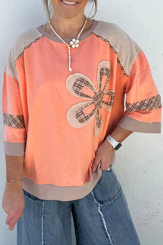 Grapefruit Orange Plaid Waffle Flower Patchwork Bracelet Sleeve Top Shewin