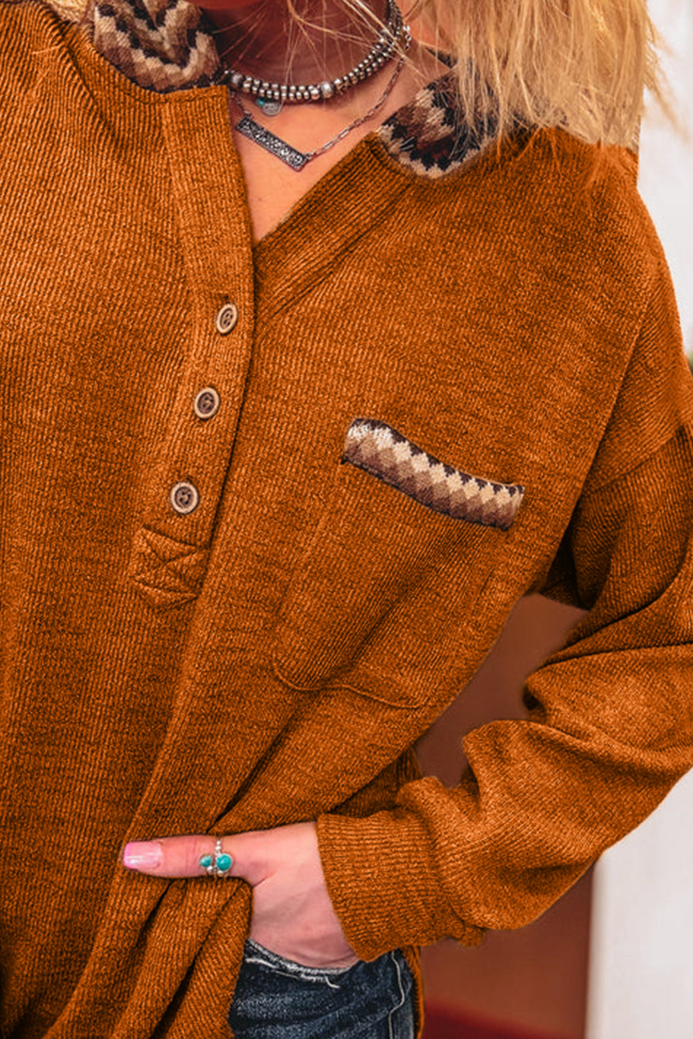 Straw Yellow Contrast Plaid Hooded Patchwork Pocket Henley Top Shewin