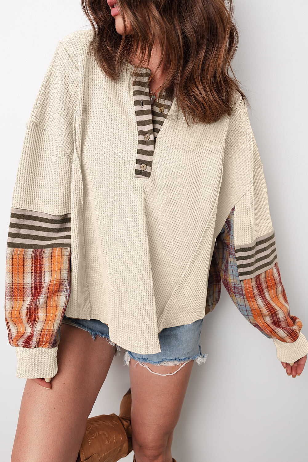 Beige Waffle Stripe Plaid Patchwork Henley Top Shewin