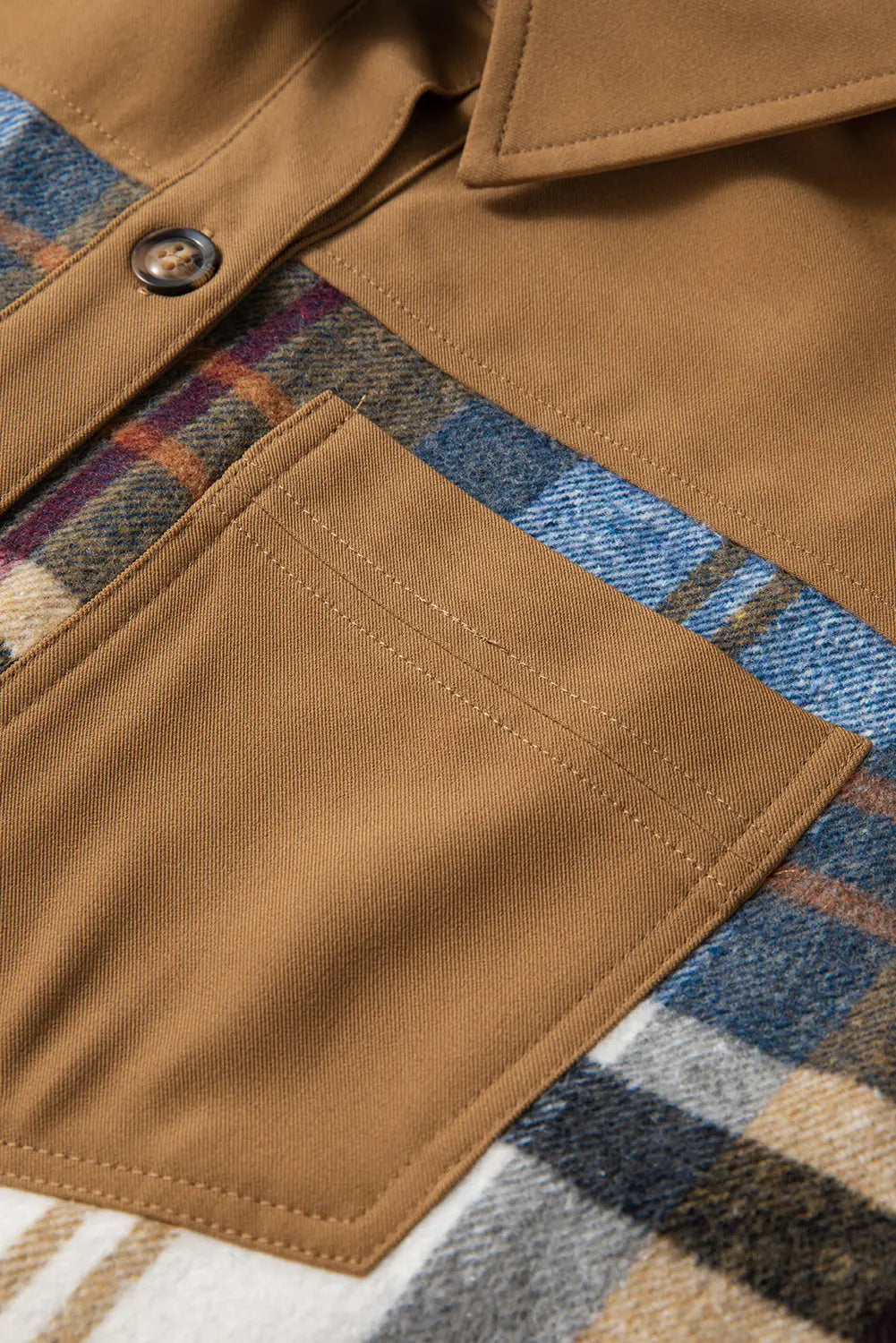 Khaki Plaid Patchwork Long Sleeve Jacket Shewin