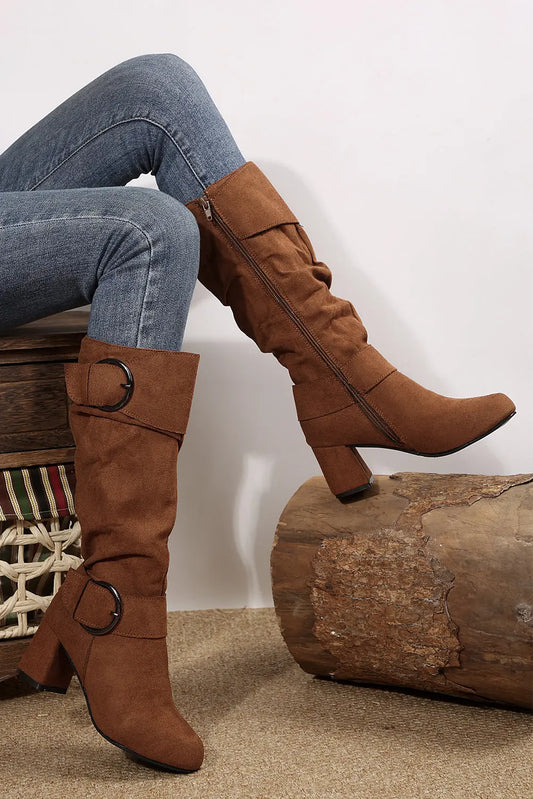 Coffee Suede Double Buckled Side Zipped Mid-calf Boots Shewin