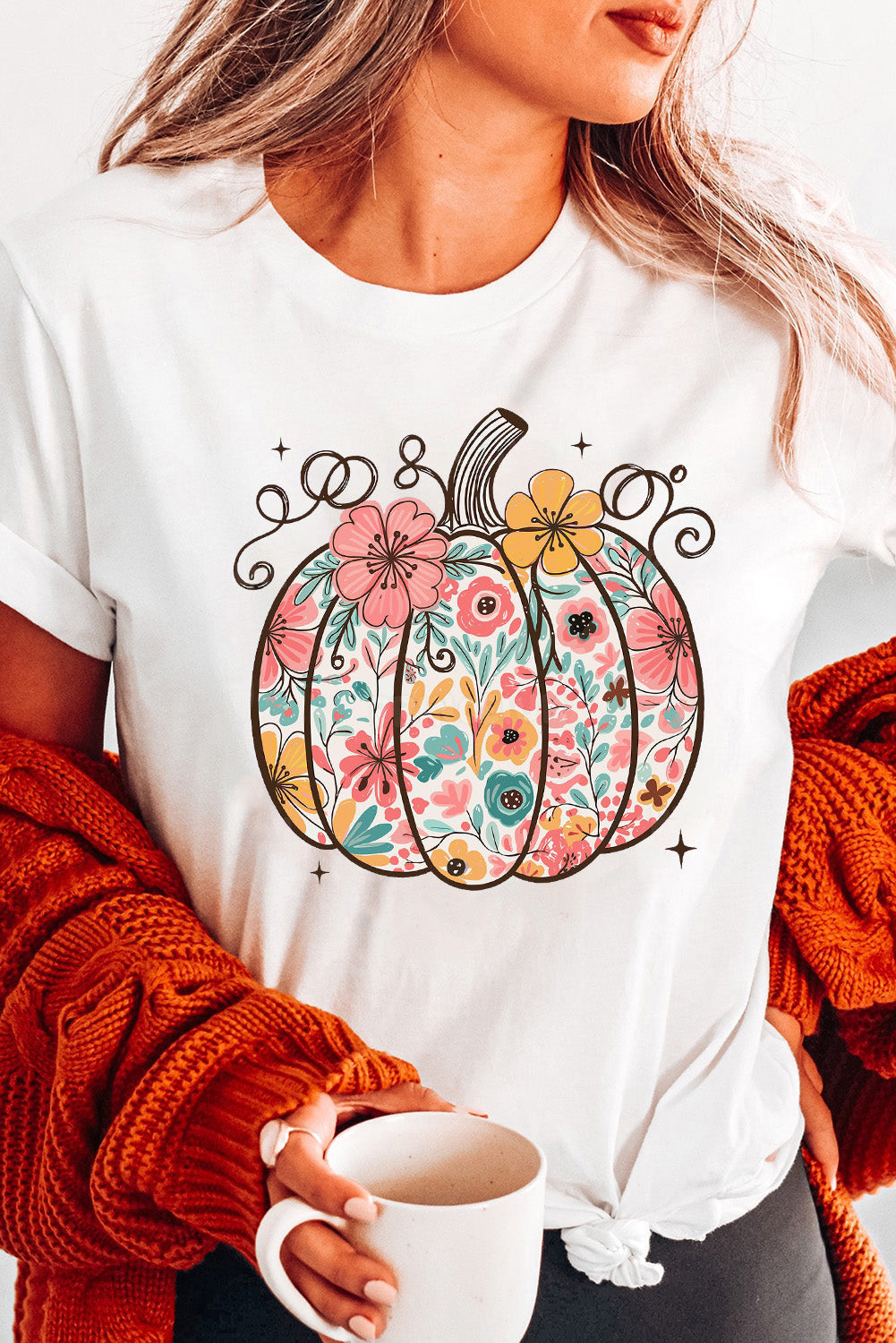 White Floral Pumpkin Print Cotton Blend T Shirt Shewin