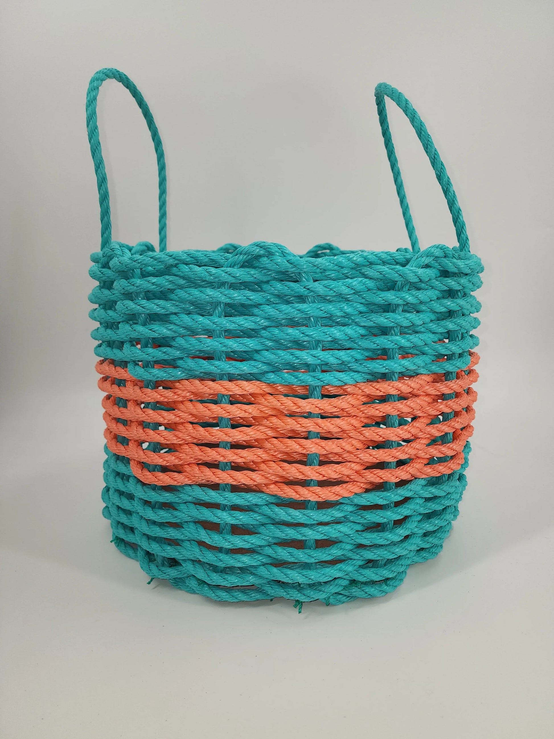Authentic Maine Lobster Rope Storage Basket. Teal and Coral Orange Little Salty Rope