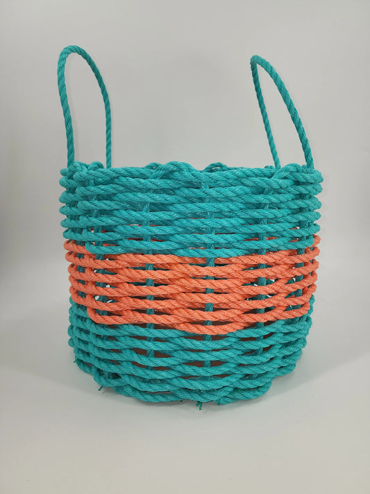 Authentic Maine Lobster Rope Storage Basket. Teal and Coral Orange Little Salty Rope