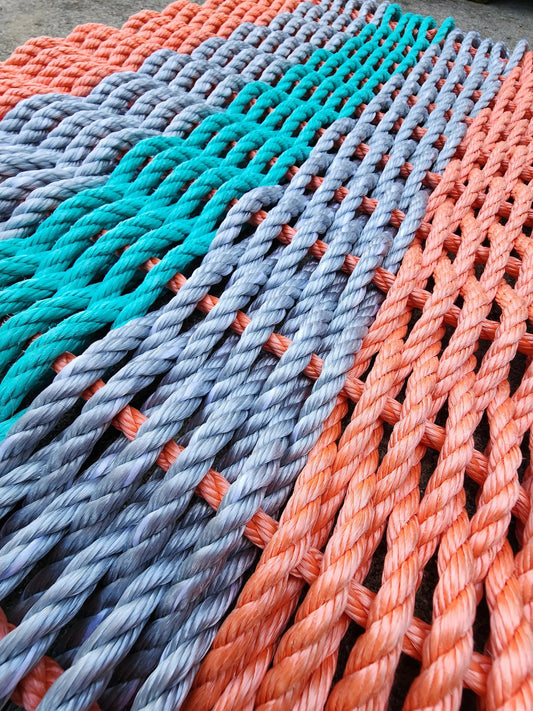 5 Stripe Mat Lobster Rope Mat Coral Orange, Light Gray and Teal Little Salty Rope