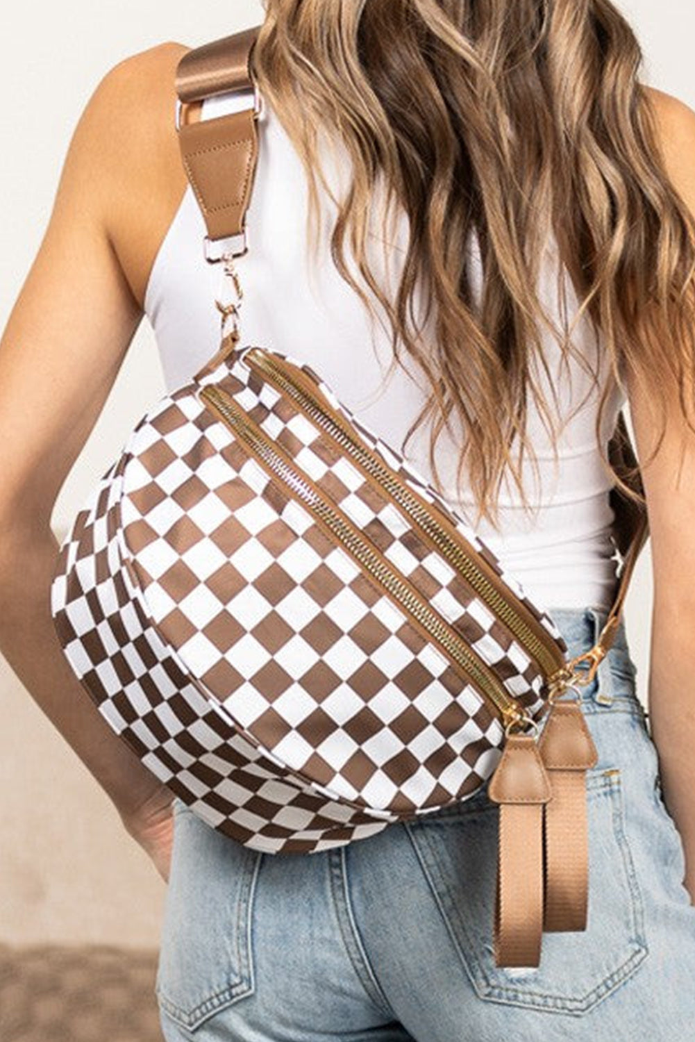 Checkered Print Wide Strap Large Crossbody Bag Shewin