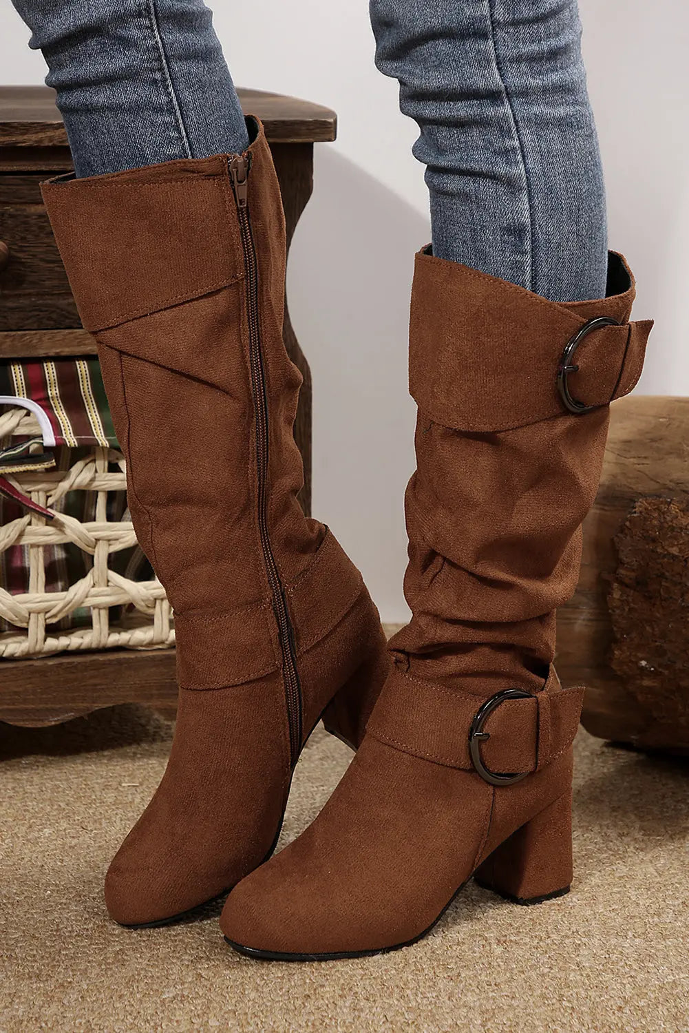 Coffee Suede Double Buckled Side Zipped Mid-calf Boots Shewin