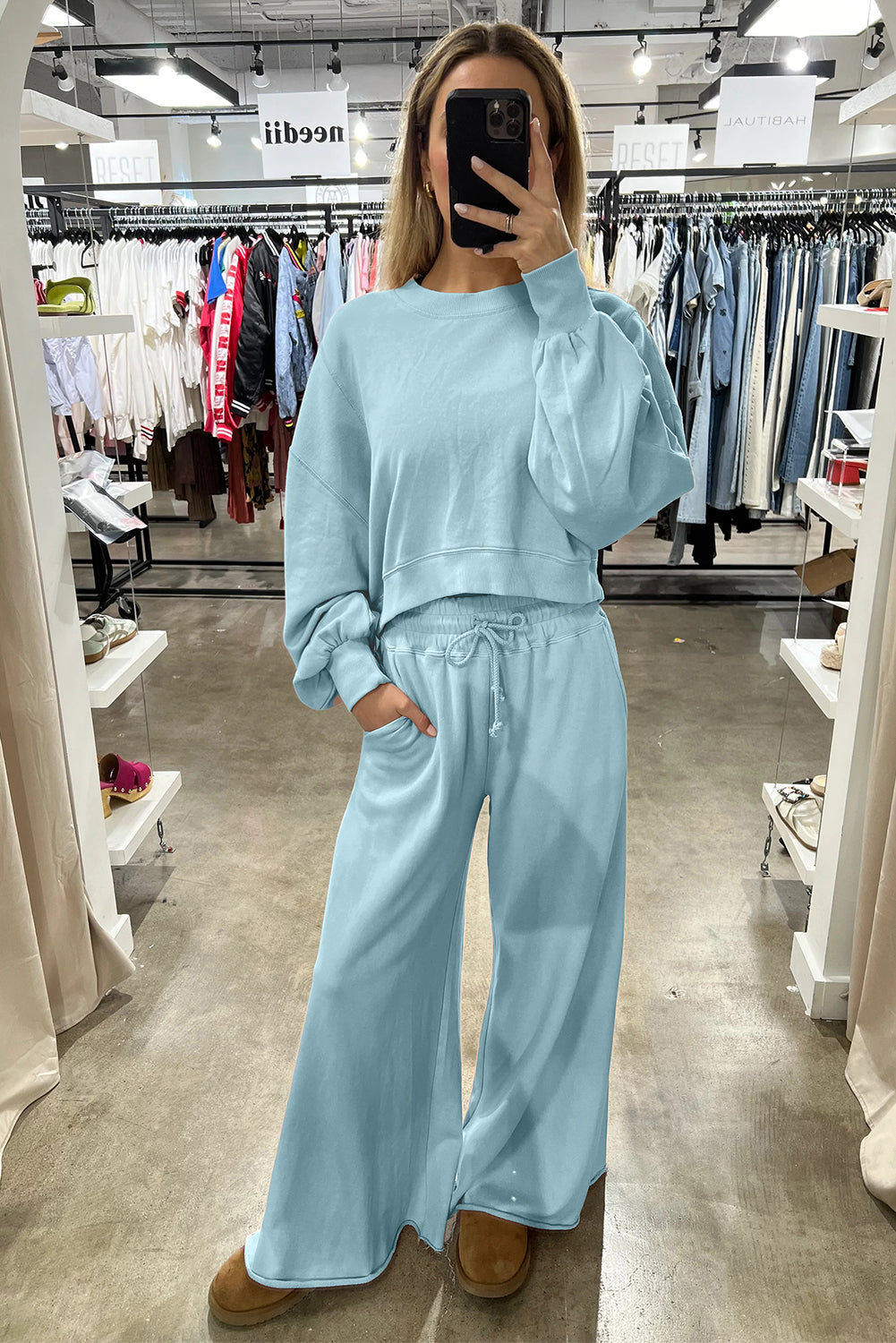 Flamingo Drop Shoulder Crop Pullover Drawstring Wide Leg Pants Set Shewin