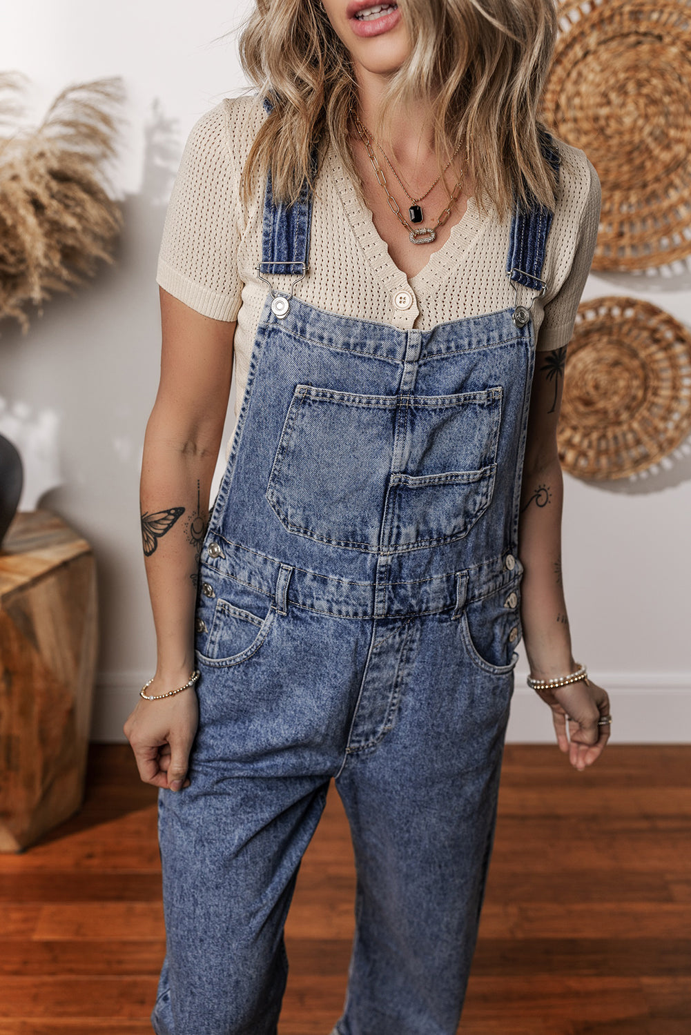 Sail Blue Straight Leg Pockets Denim Bib Overall Shewin