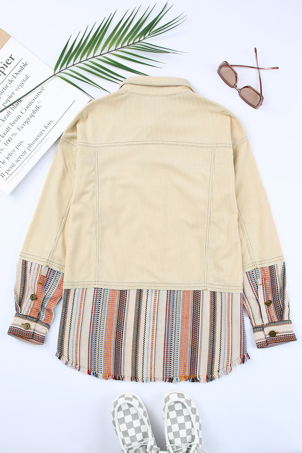 Beige Button Up Pockets Striped Color Block Corduroy Jacket Shewin