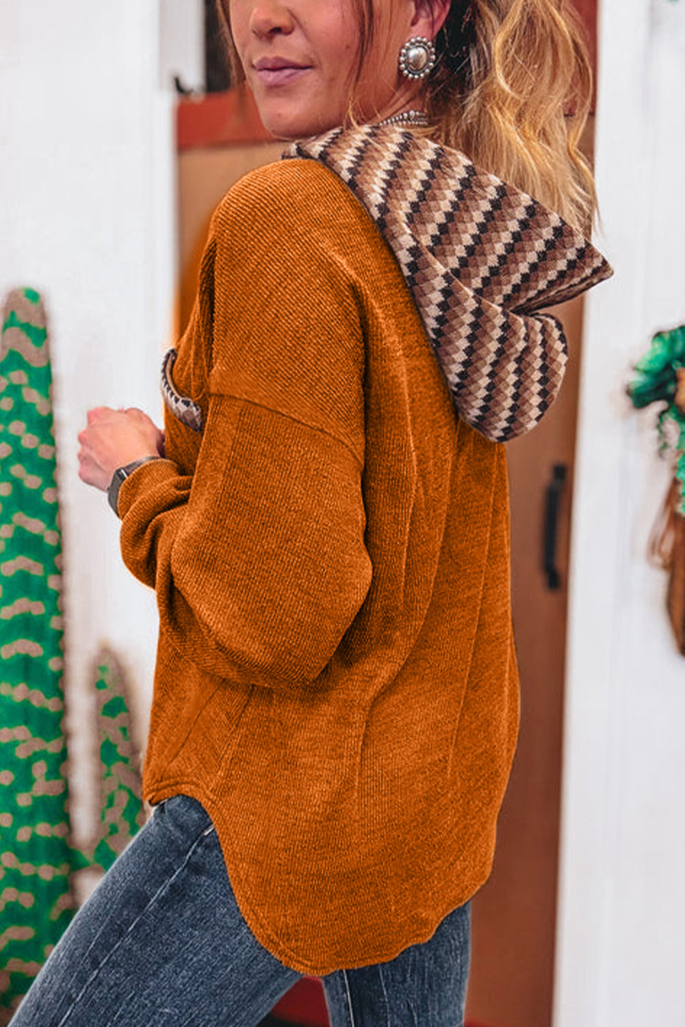 Straw Yellow Contrast Plaid Hooded Patchwork Pocket Henley Top Shewin