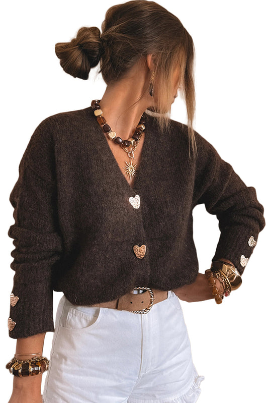 Chicory Coffee V Neck Metallic Heart Button Knit Cardigan Shewin