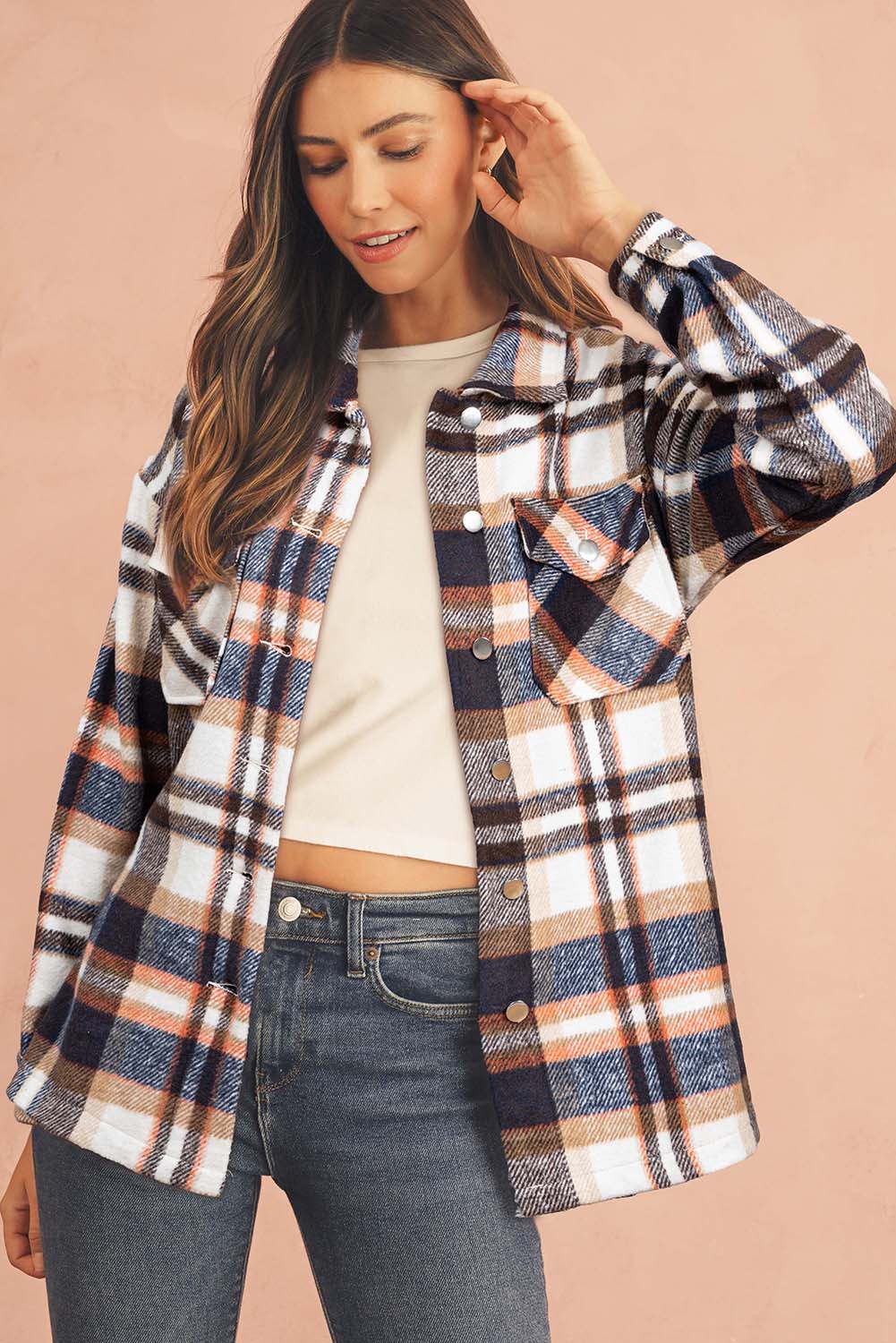 Brown Plaid Button Up Long Sleeve Flannel Shacket Shewin