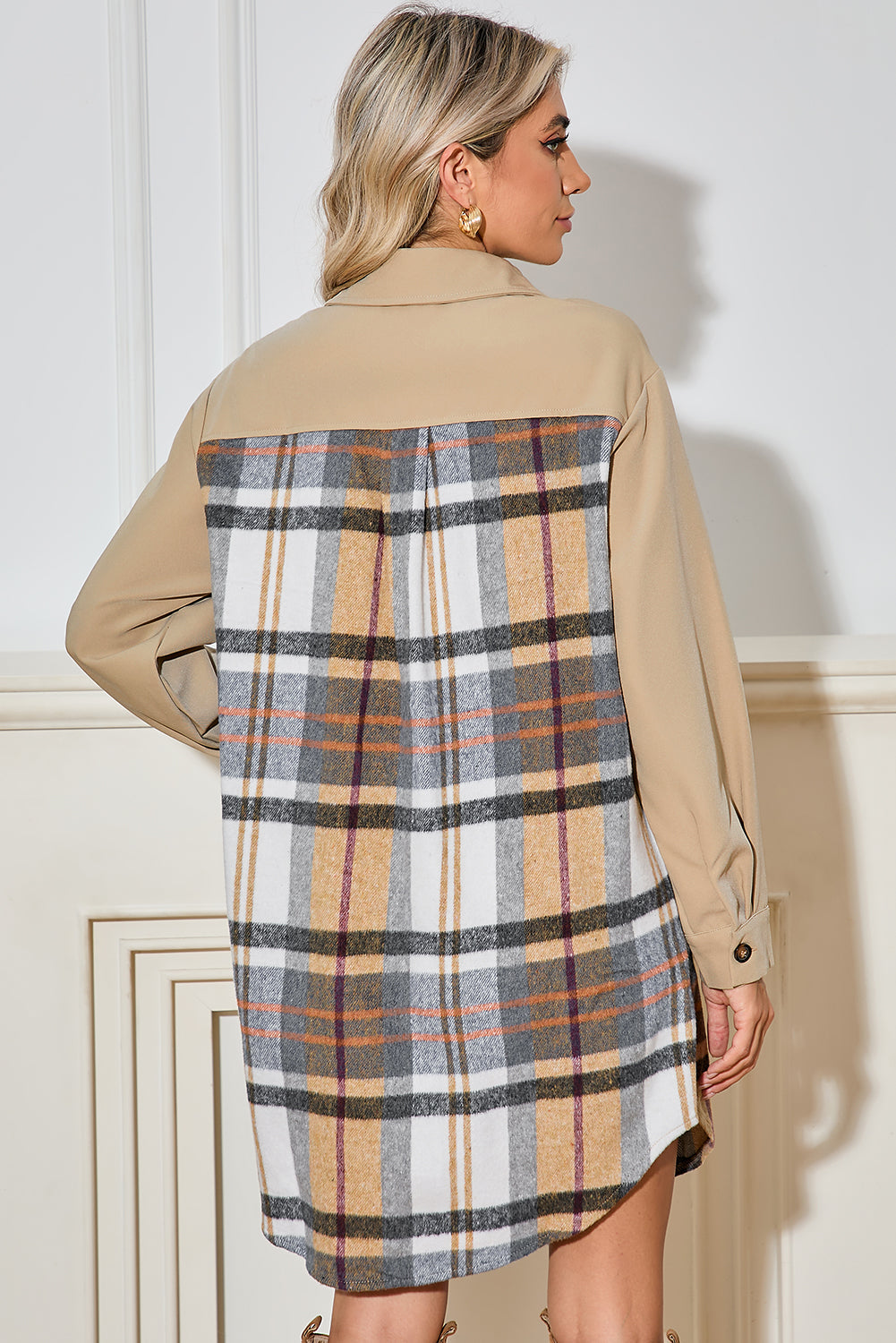 Khaki Plaid Patchwork Long Sleeve Jacket Shewin