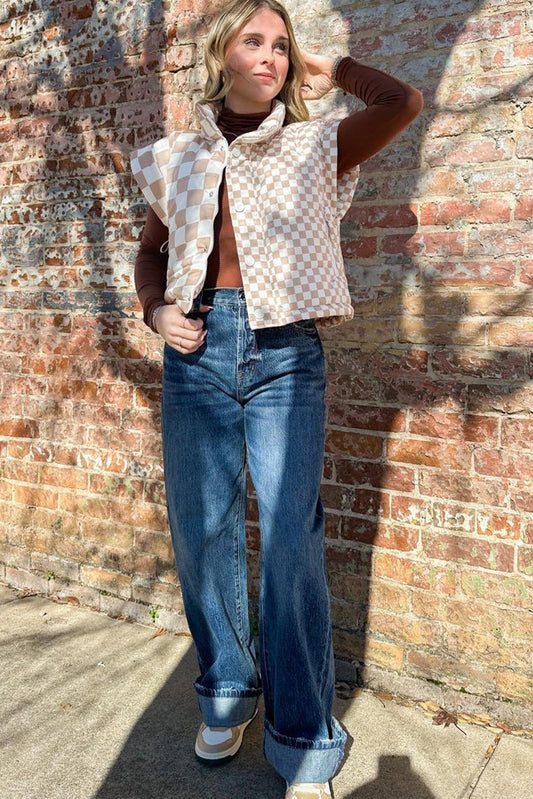 Khaki Plaid Stand Neck Button Down Vest Shewin