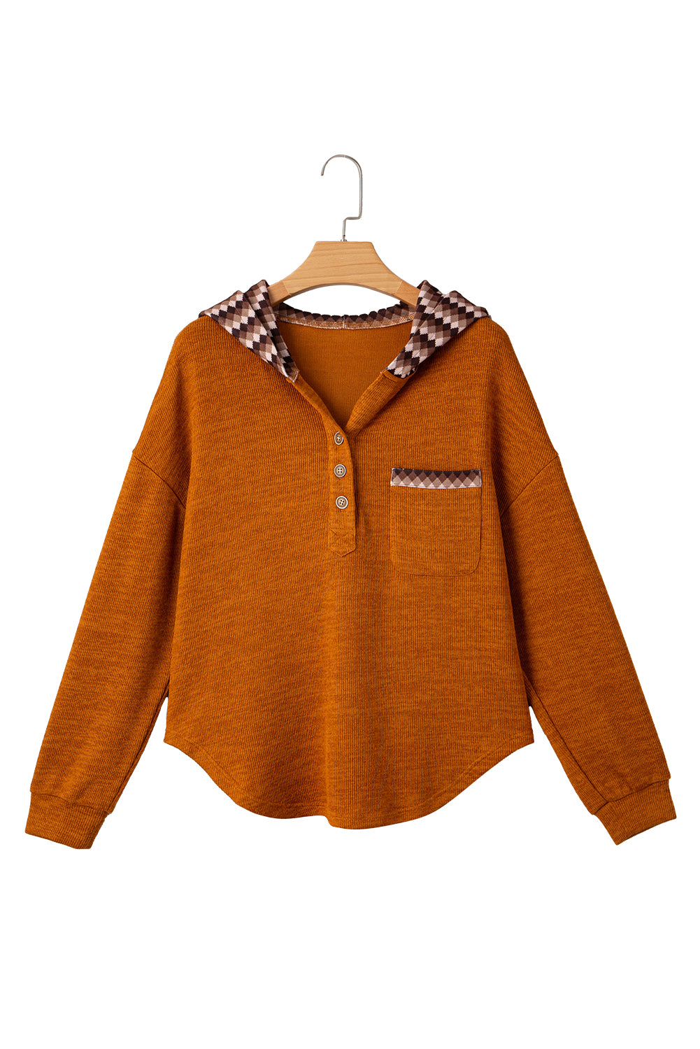 Straw Yellow Contrast Plaid Hooded Patchwork Pocket Henley Top Shewin