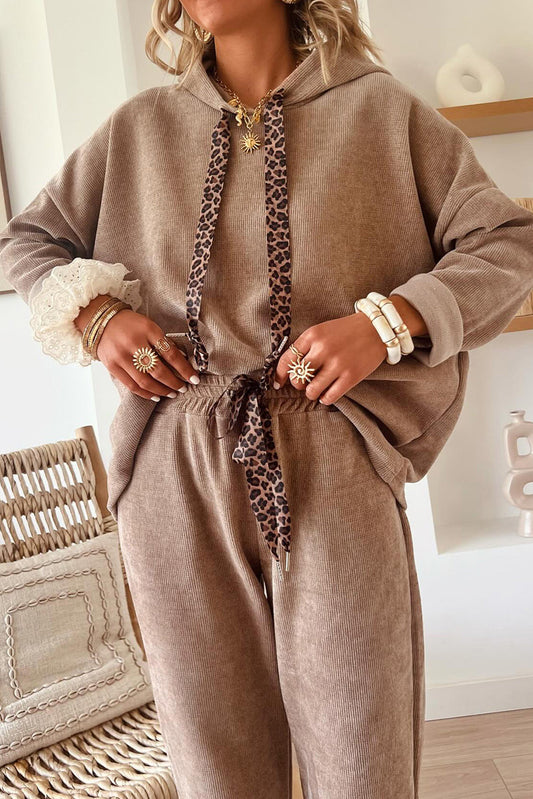 Dark Khaki Drawstring Pullover Hoodie and High Waist Pants Corduroy Suit Shewin