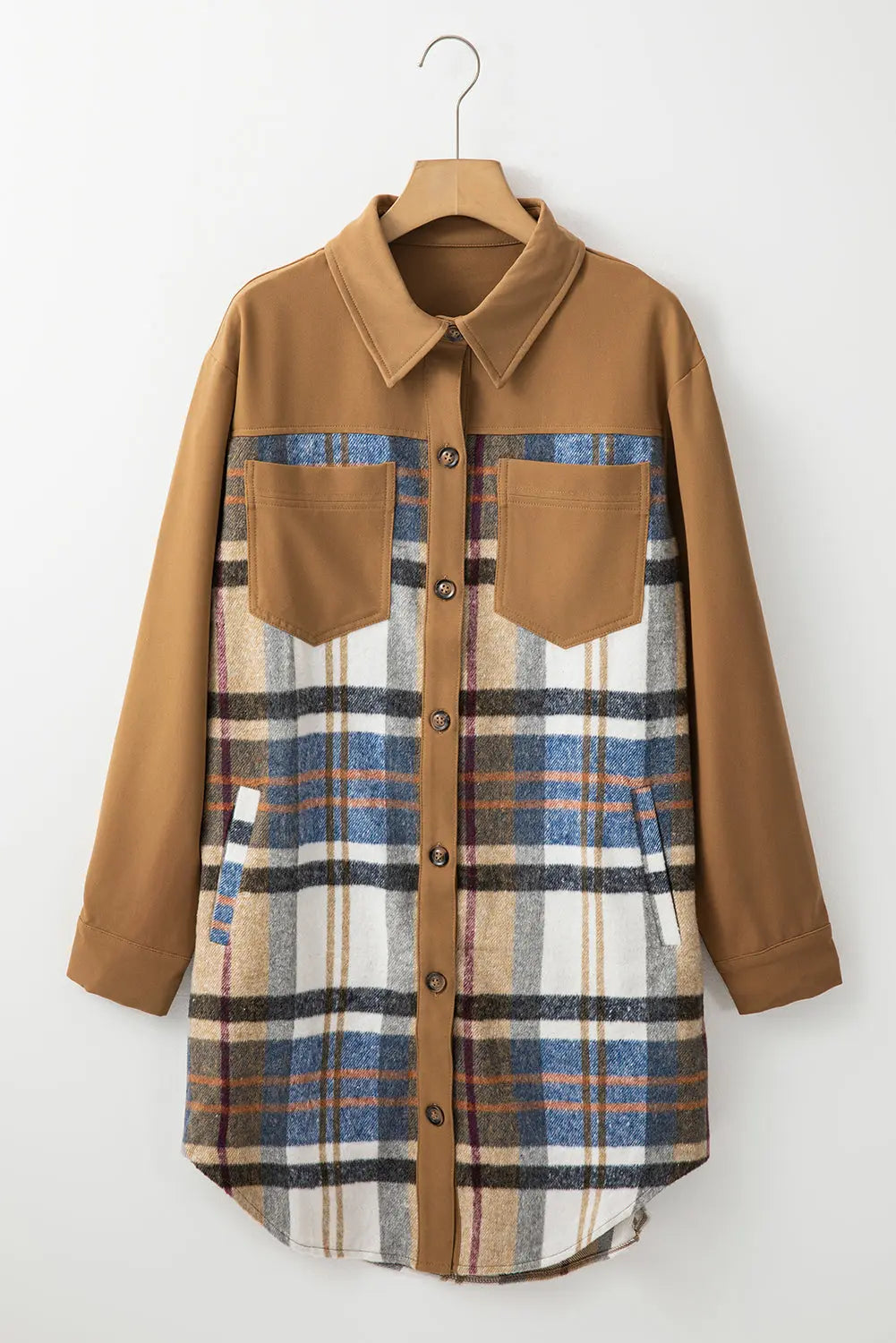 Khaki Plaid Patchwork Long Sleeve Jacket Shewin