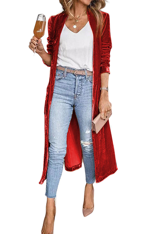 Red Velvet Elegant Open Front Pocket Long Cardigan Shewin