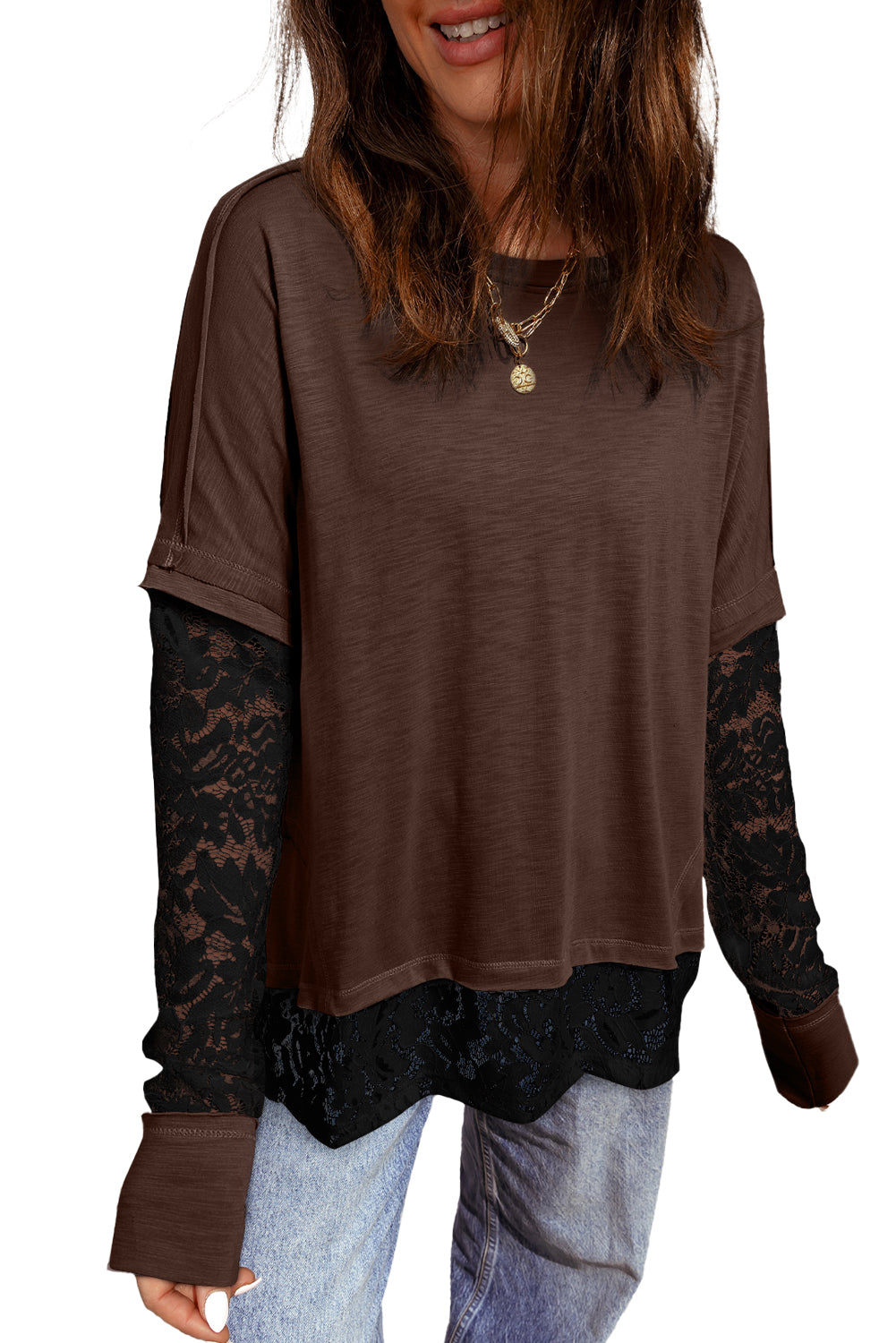 Light French Beige Sheer Lace Patchwork Casual Long Sleeve Tee