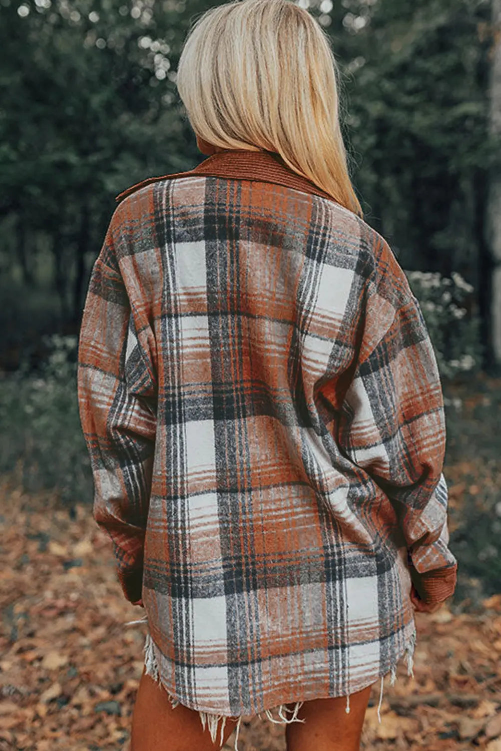 Cinnamon Plaid Corduroy Patchwork Pocket Loose Shacket Shewin