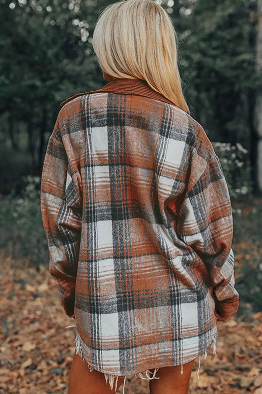 Cinnamon Plaid Corduroy Patchwork Pocket Loose Shacket Shewin