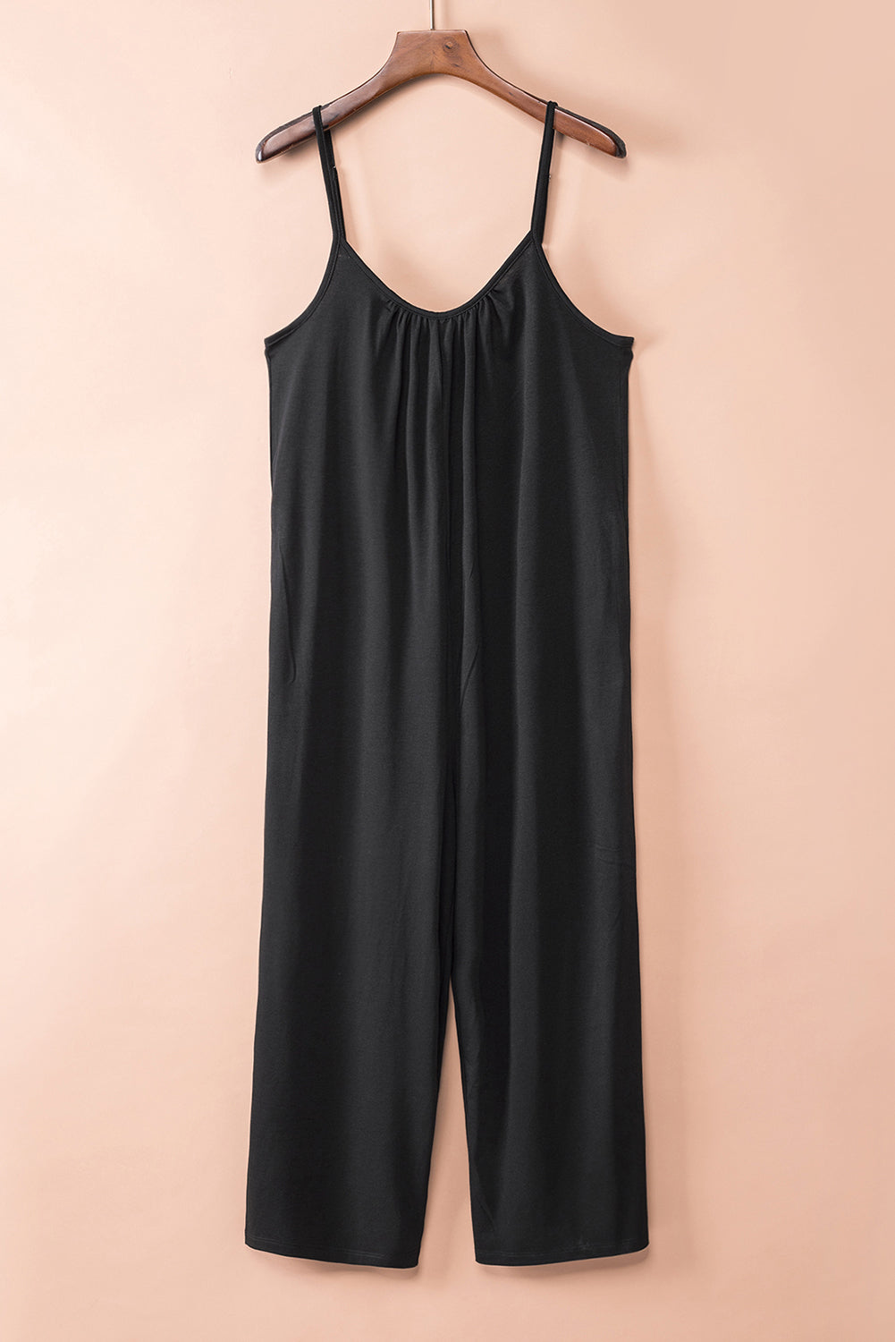Black Casual Spaghetti Straps Wide Leg Pocketed Jumpsuits Shewin