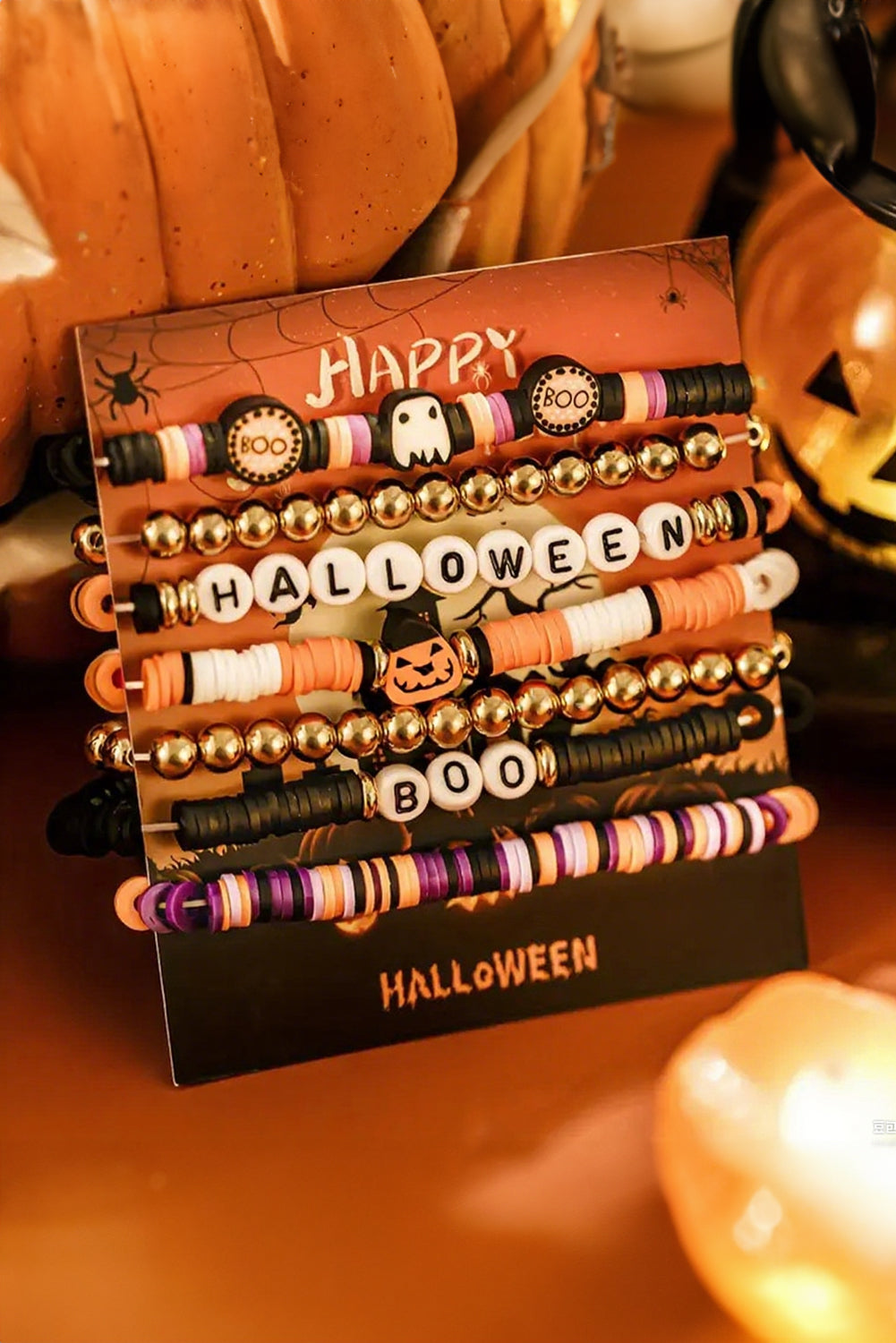 Russet Orange Playful 7pcs Halloween Beaded Bracelet Set Shewin