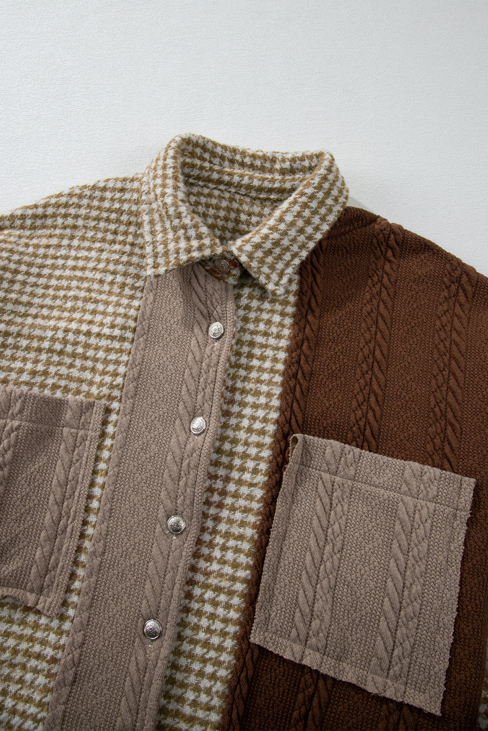 Khaki Houndstooth Textured Patchwork Loose Shacket Shewin