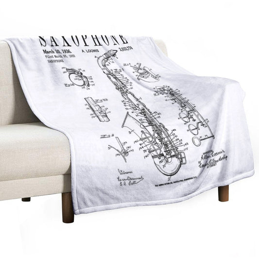 Saxophone Old Vintage Patent Drawing Print Throw Blanket