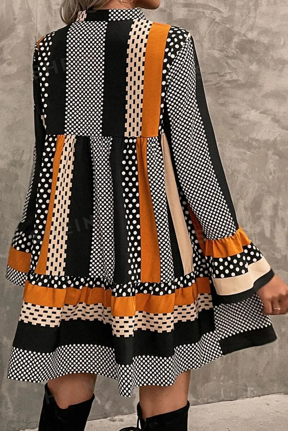 Black Striped Polka Dot Print Ruffle Hem V Neck Loose Mini Dress Shewin