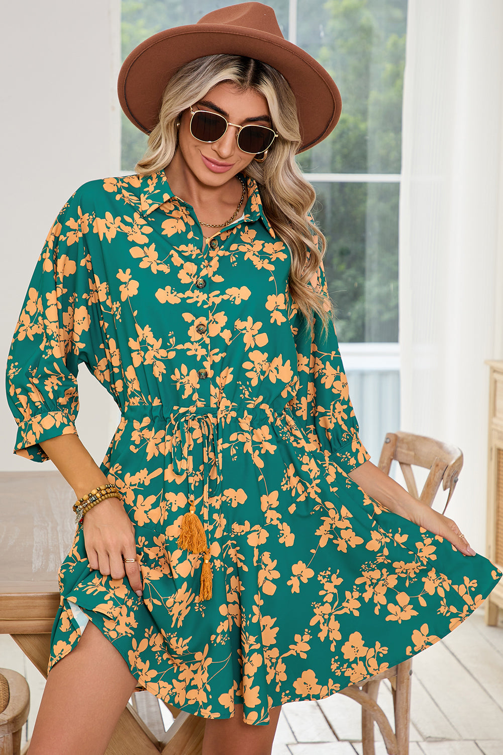 Green Floral Print Drawstring Flowy Short Dress Shewin