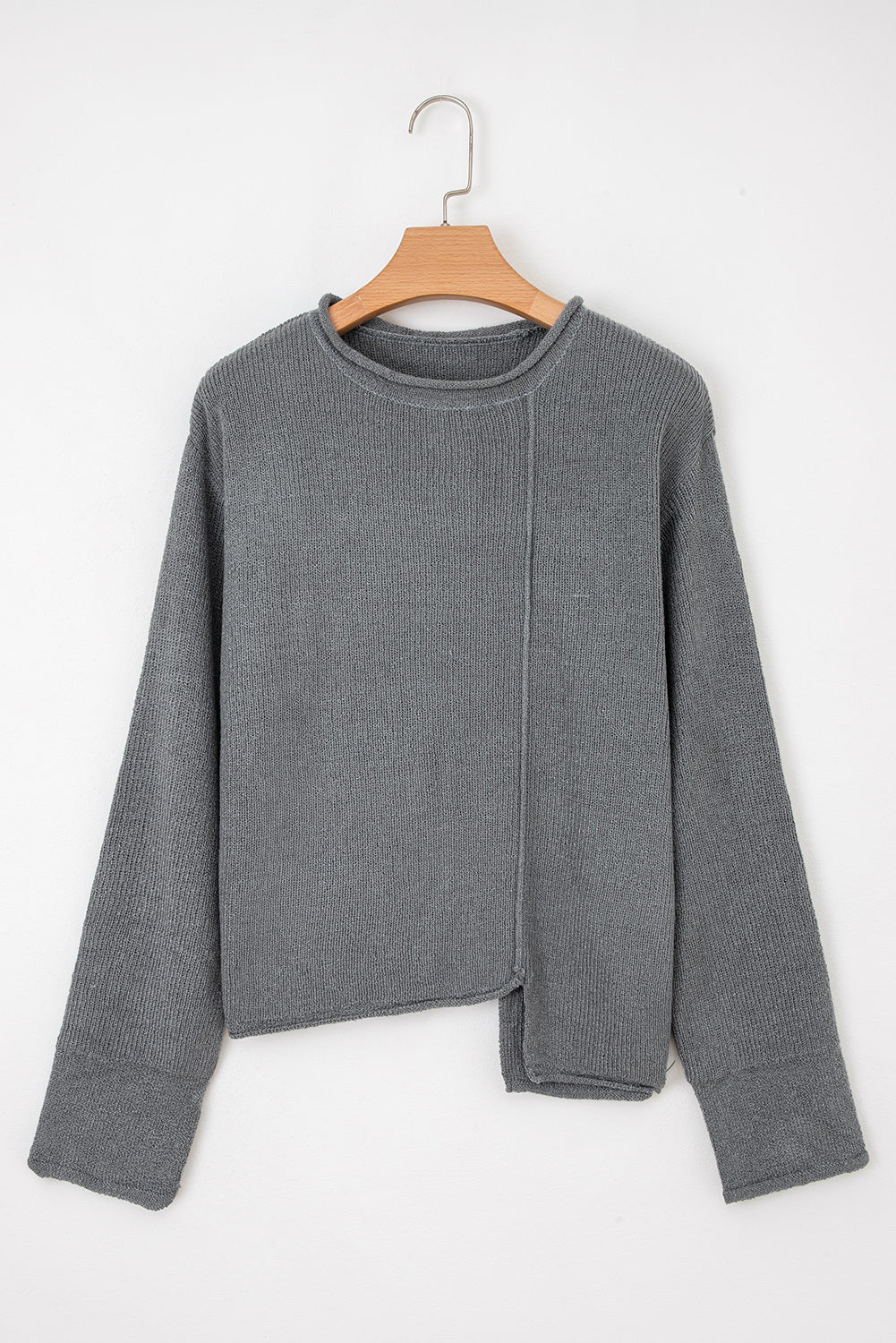 Medium Grey Raw Edge Uneven Hem Patchwork Drop Shoulder Sweater Shewin