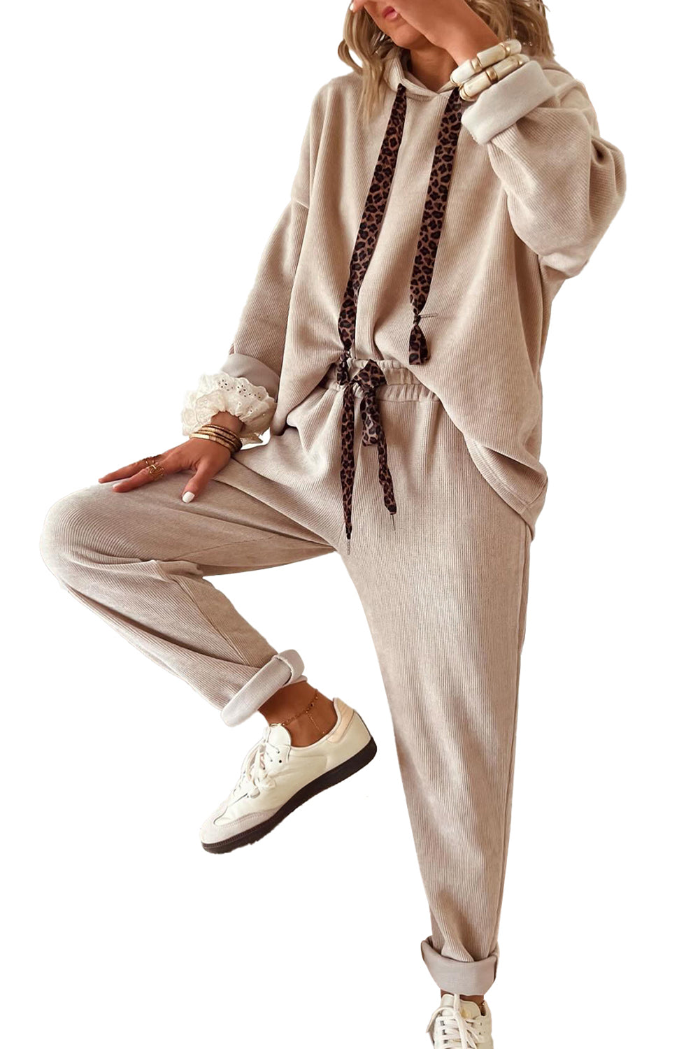 Dark Khaki Drawstring Pullover Hoodie and High Waist Pants Corduroy Suit