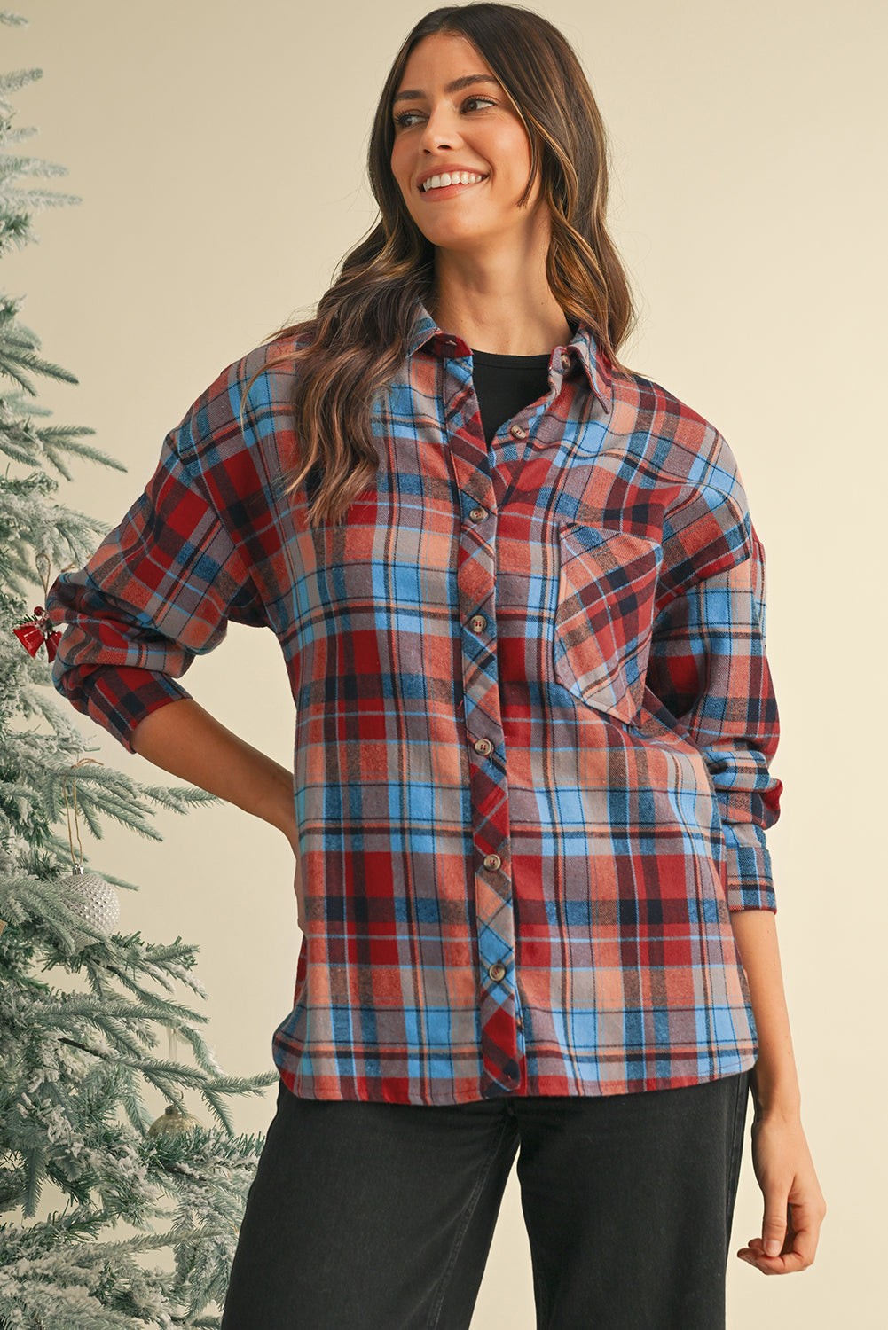 Red Plaid Print Long Sleeved Loose Cotton Collar Shirt Shewin