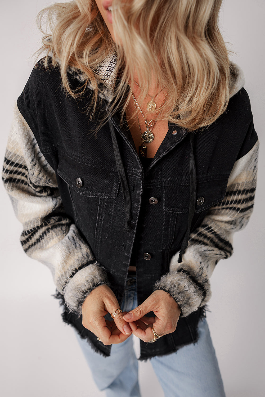 Black Patchwork Plaid Sleeve Frayed Hem Hooded Denim Jacket Shewin