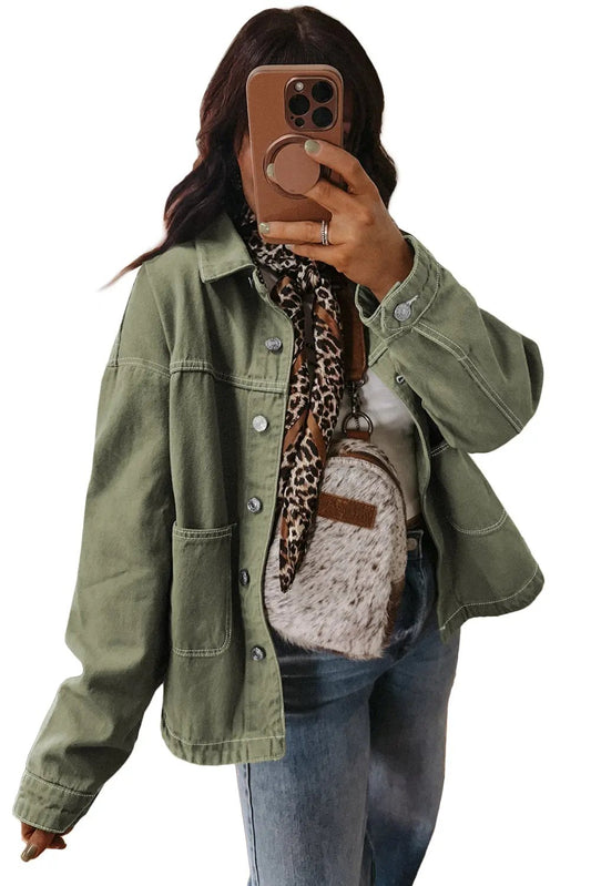 Smoke Green Pocket Collared Button Front Denim Jacket Shewin