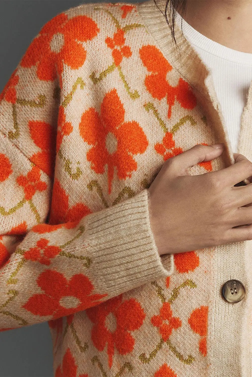 Orange Floral Button Round Neck Knit Cardigan Shewin